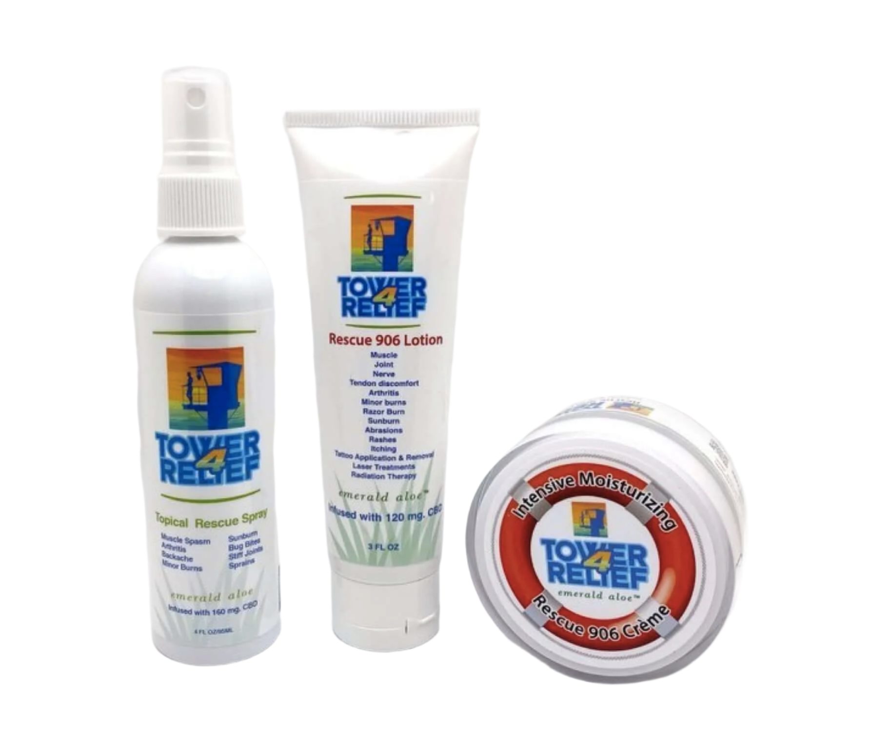 A set of three Tower 4 Relief products including a spray bottle, a lotion tube, and a creme jar, all with labels.